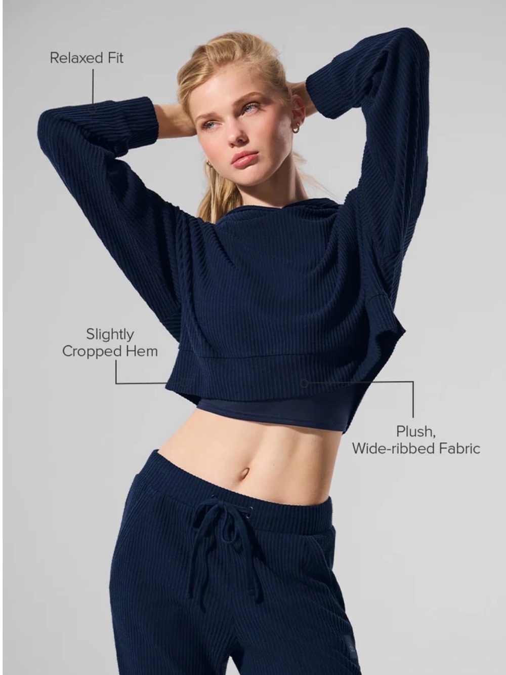 ALO Yoga Muse Ribbed Cropped Hoodie in Teal / Dark Green